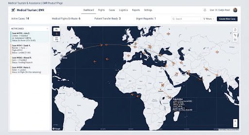 EWR Dashboard - Global map with real-time flight tracking of medical aircraft, patient vitals, and case status updates
